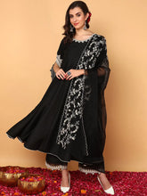 Women Black Silk Blend Solid Embroidered Flared Kurta Trouser With Dupatta